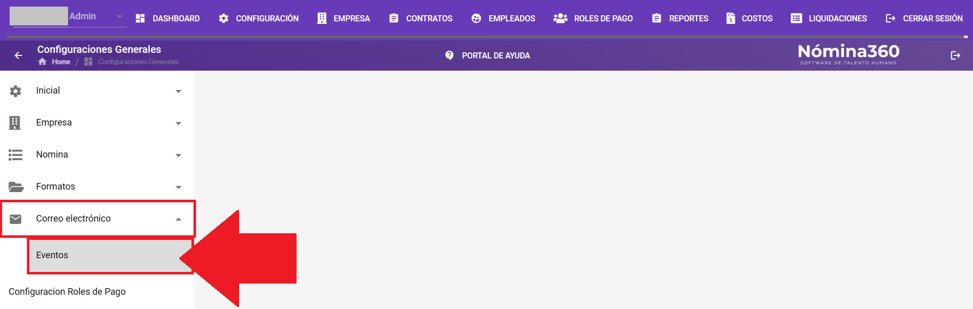 Acceso al menú Eventos dentro de Correo Electrónico