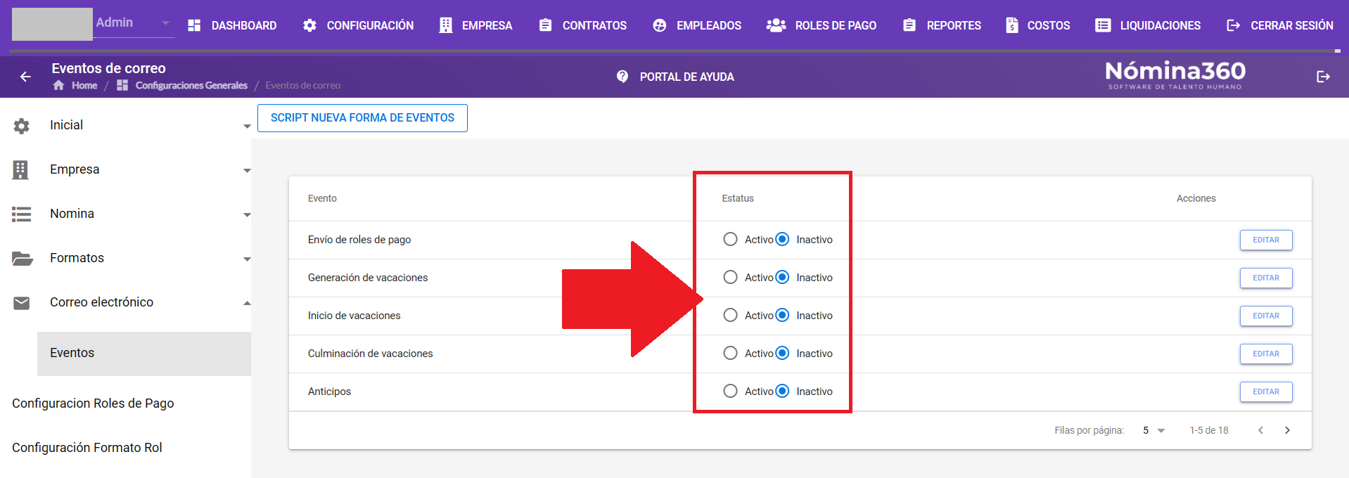 Selector con los estados Activo e Inactivo del evento