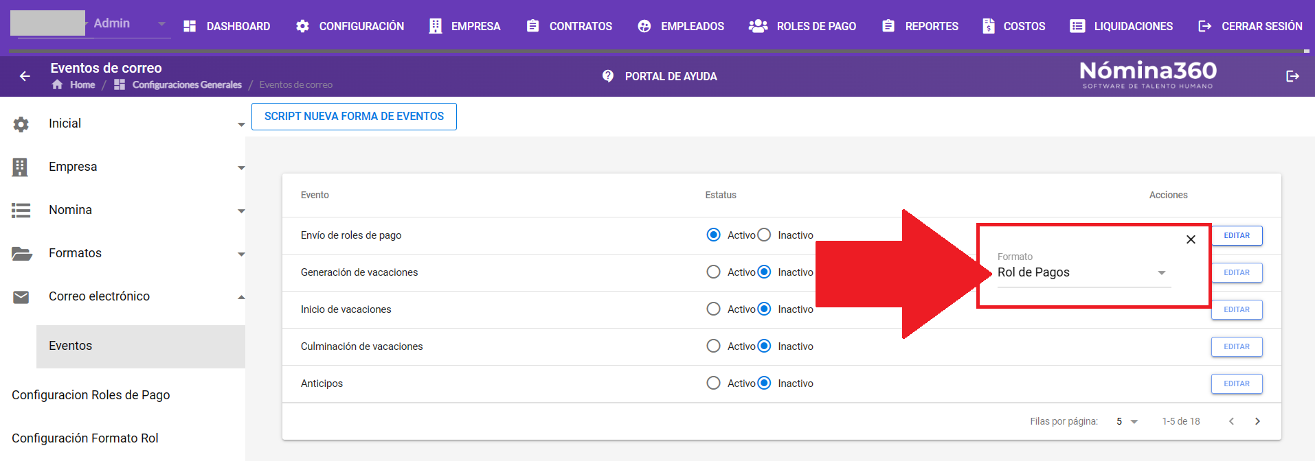 Selector del formato de correo en la edición del evento