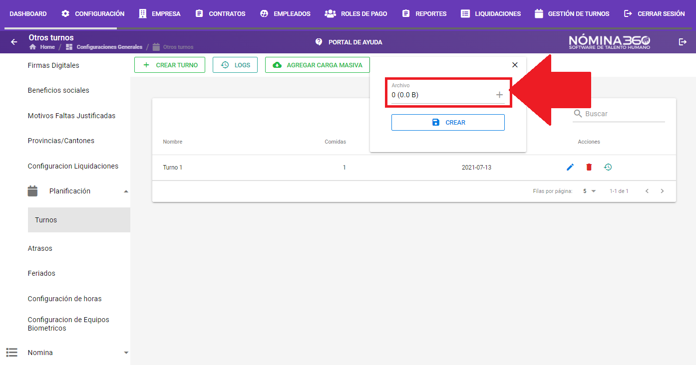 Botón + del campo Archivo para seleccionar el documento