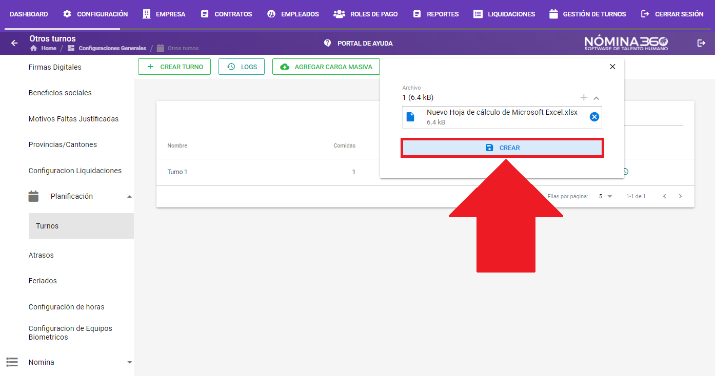 Botón Crear tras cargar el archivo de turnos
