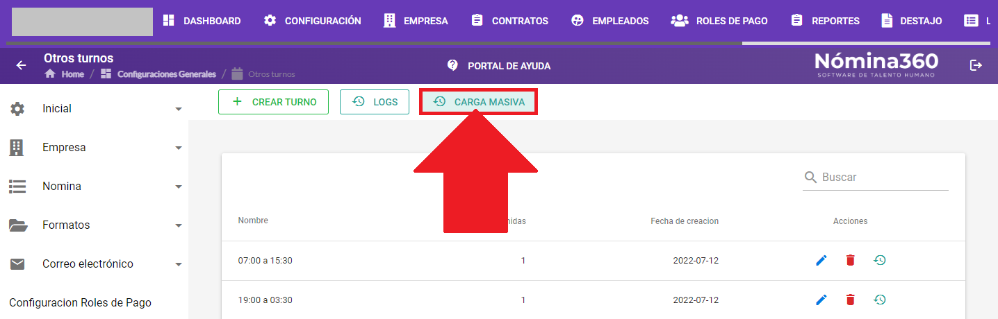 Botón Carga masiva en la pantalla de turnos
