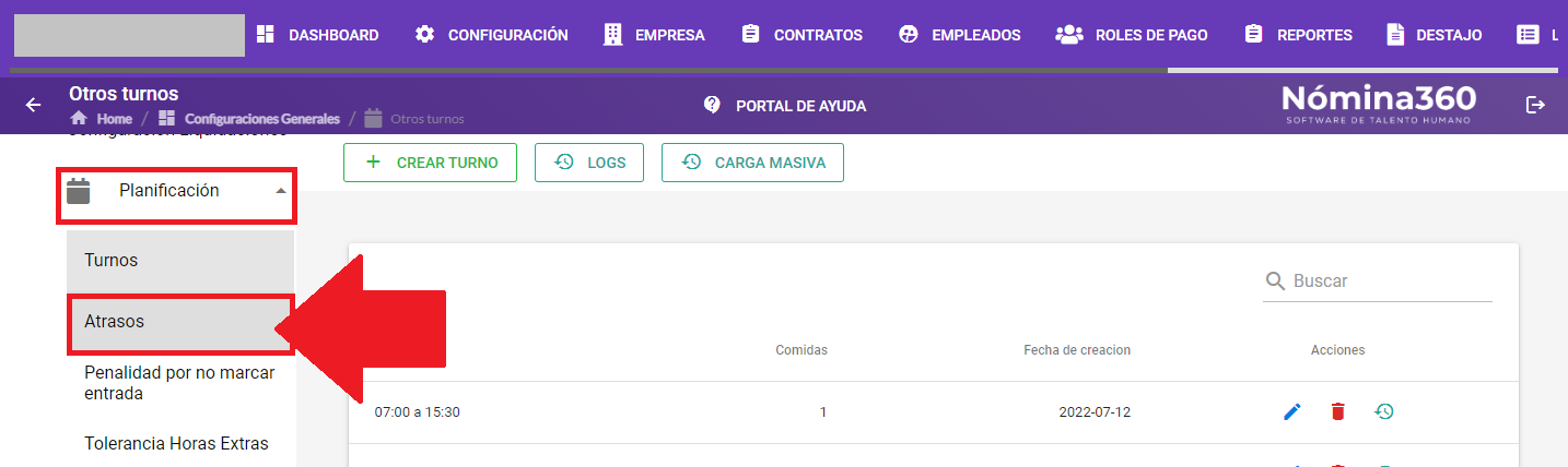 Submenú Planificación con la opción Atrasos seleccionada