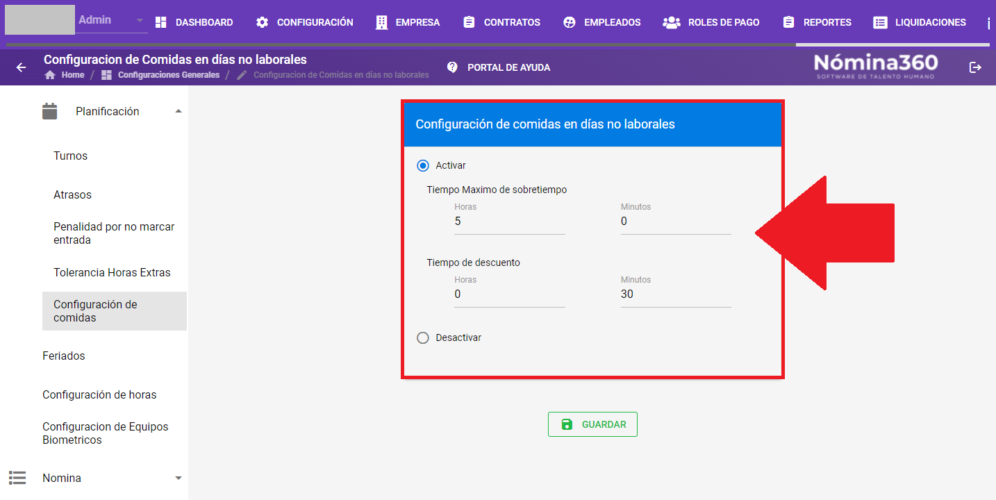 Selección de activación de la configuración de comidas
