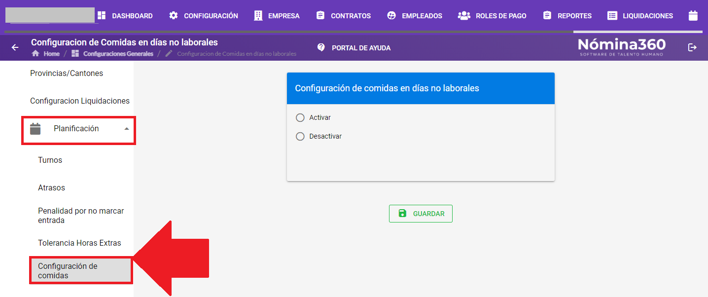 Submenú Planificación con la opción Configuración de comidas
