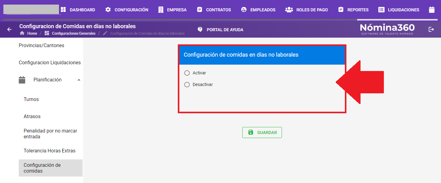 Selección de activación de la configuración de comidas