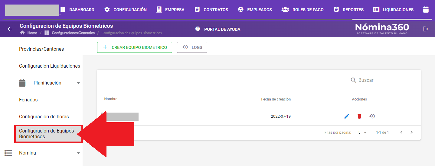 Submenú Planificación con la opción Configuración de Equipos Biométricos
