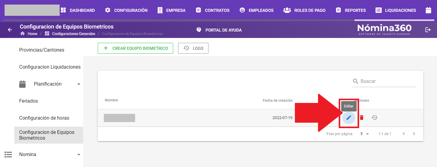 Acción Editar en un equipo biométrico del listado