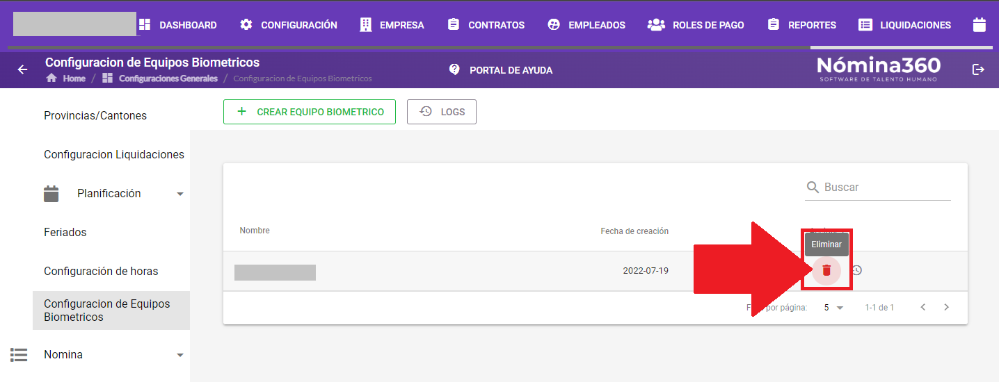 Acción Eliminar en un equipo biométrico del listado