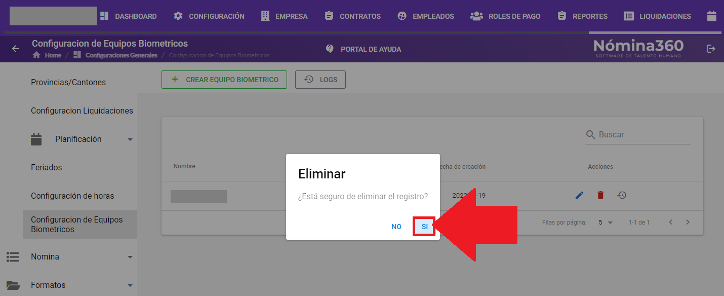 Cuadro de confirmación de eliminación de equipo biométrico