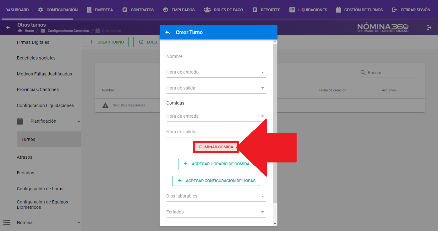 Botón Eliminar comida en un horario configurado