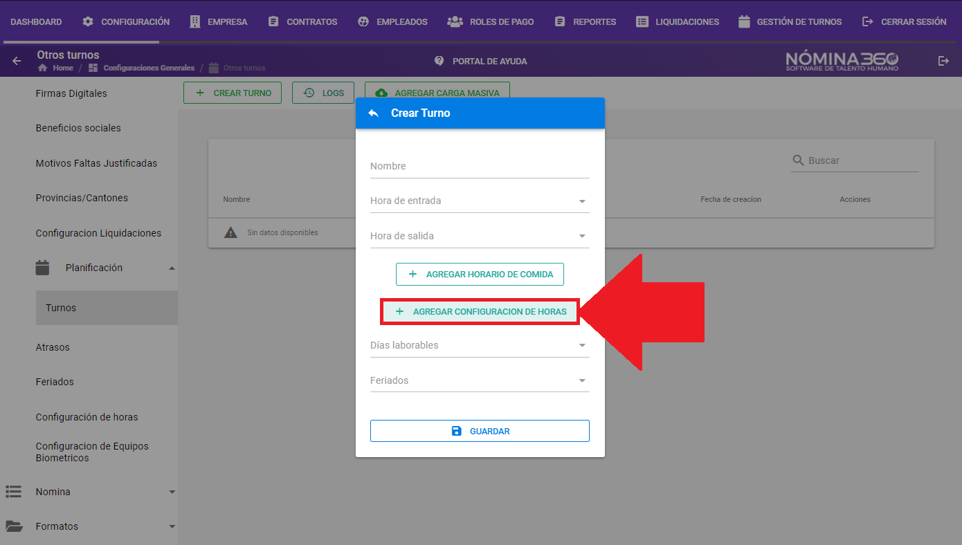 Botón + Agregar configuración de horas