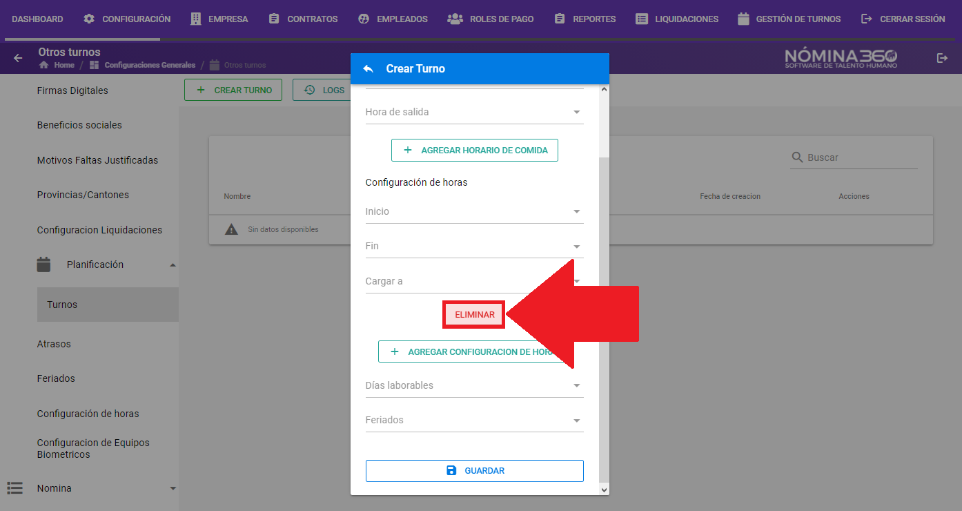 Botón Eliminar en una configuración de horas