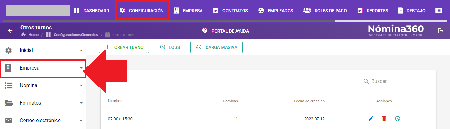 Menú Configuración con la opción Empresa seleccionada