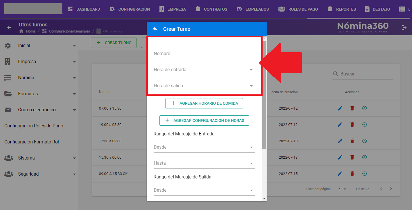 Formulario de creación de turno con los datos iniciales