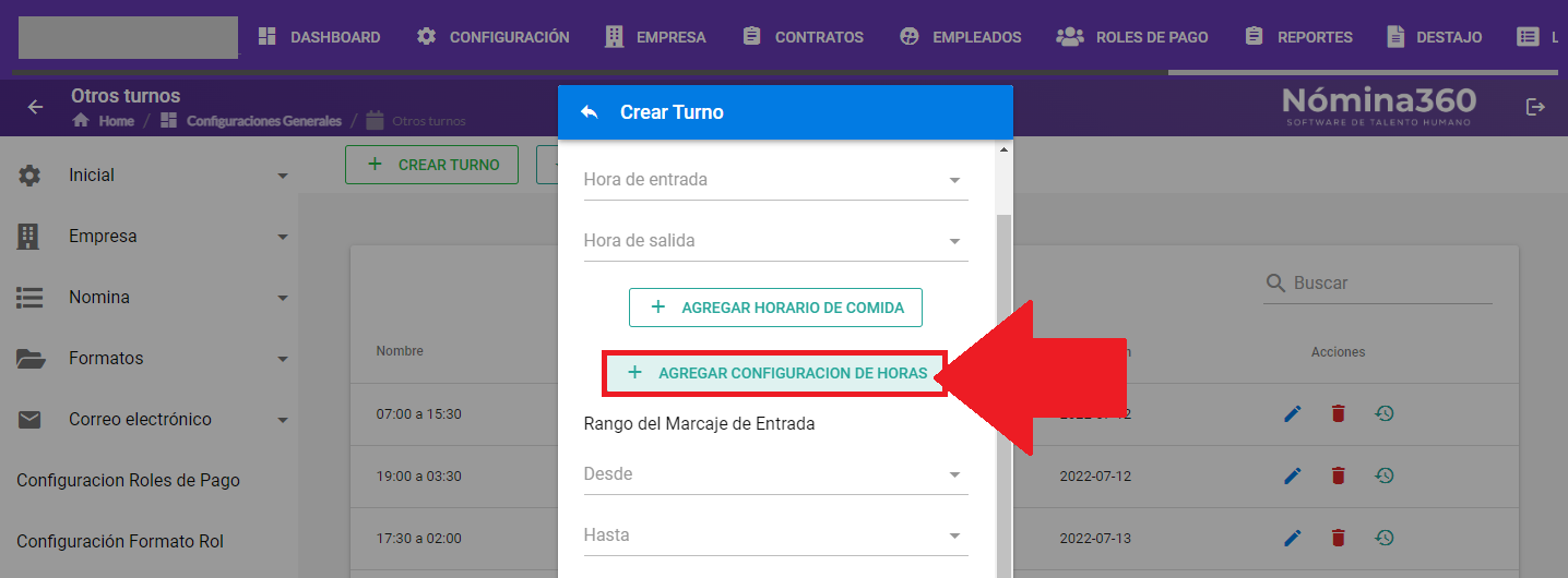 Botón + Agregar configuración de horas