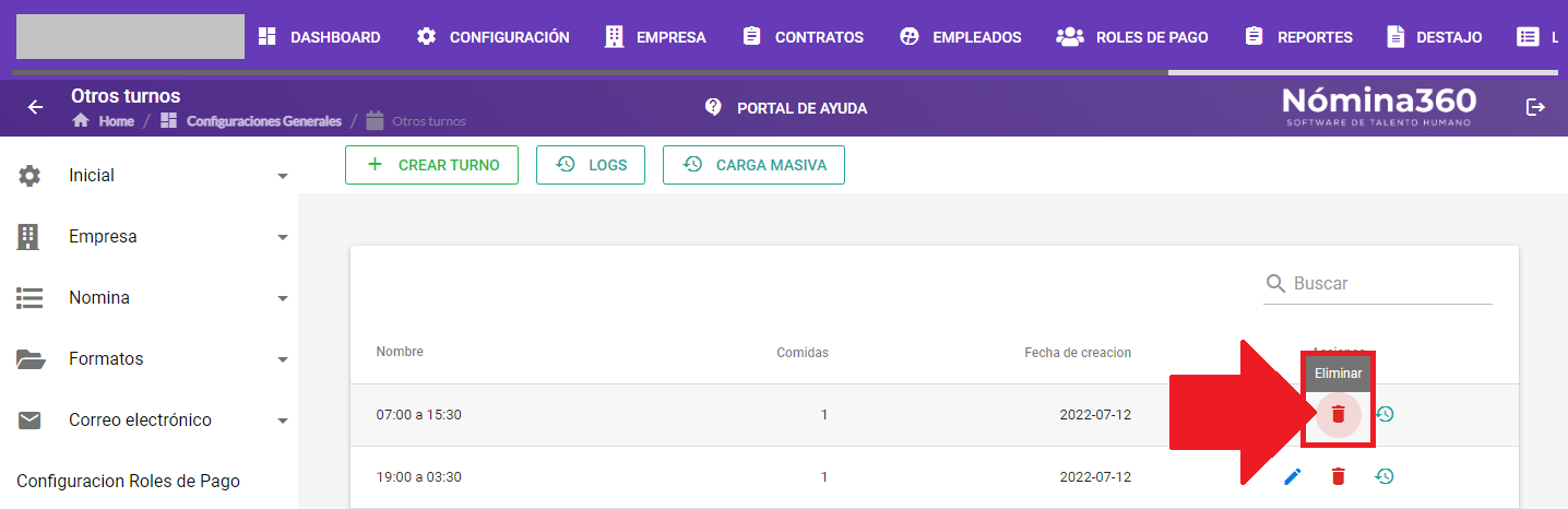 Acción Eliminar en un turno del listado