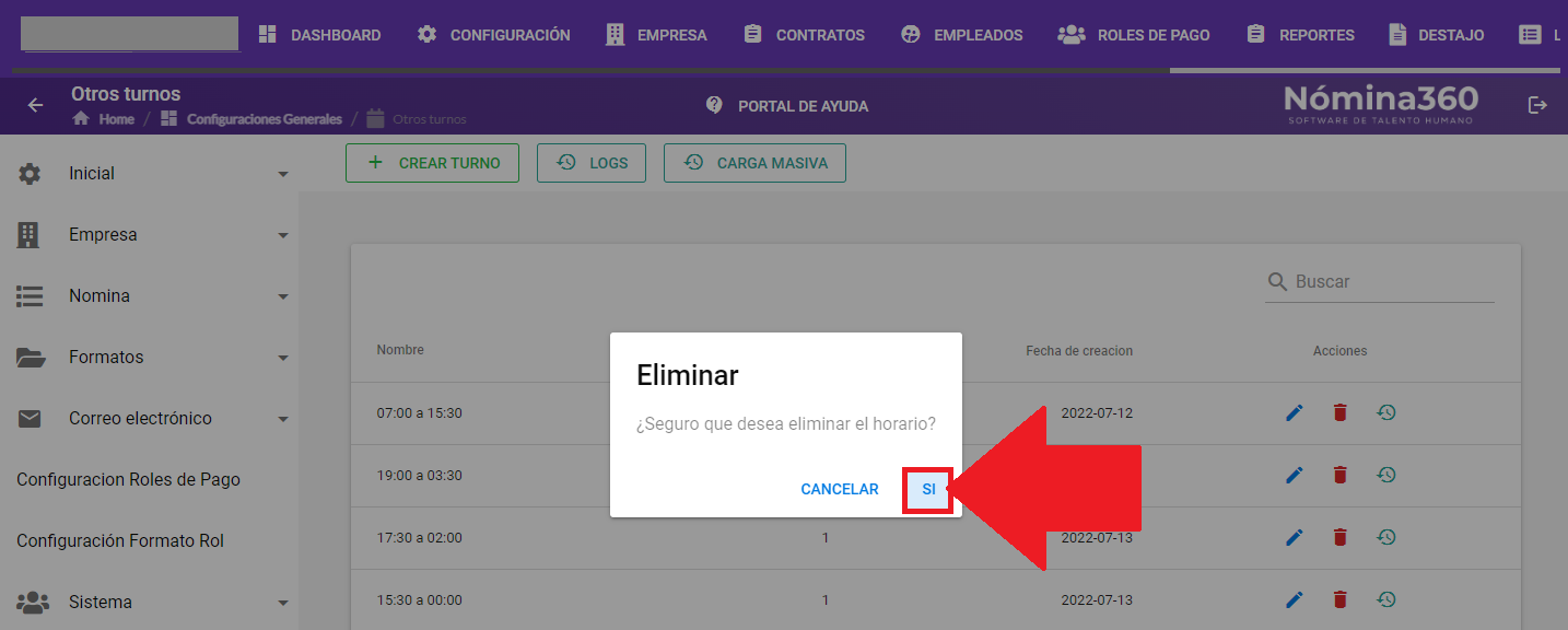 Cuadro de confirmación de eliminación de turno