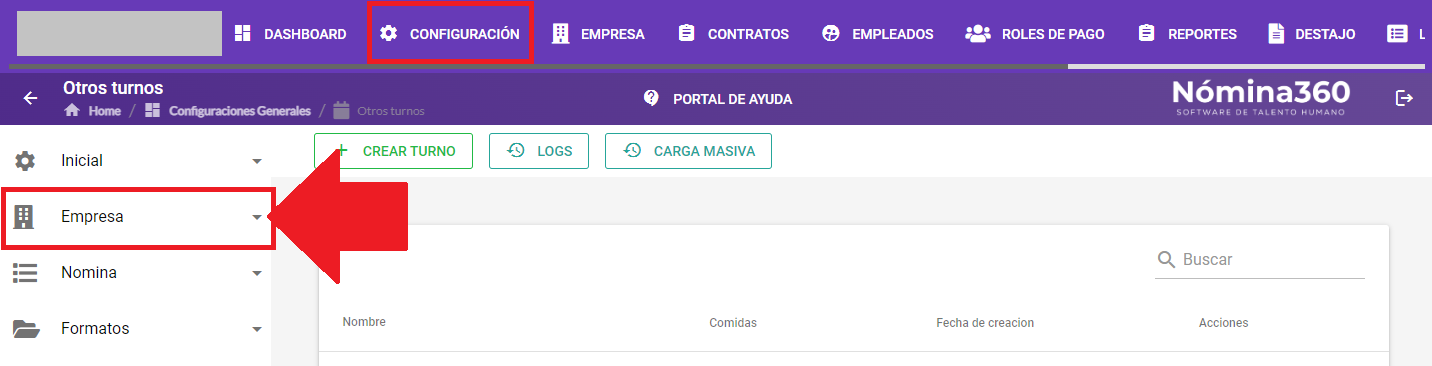 Menú Configuración con la opción Empresa seleccionada