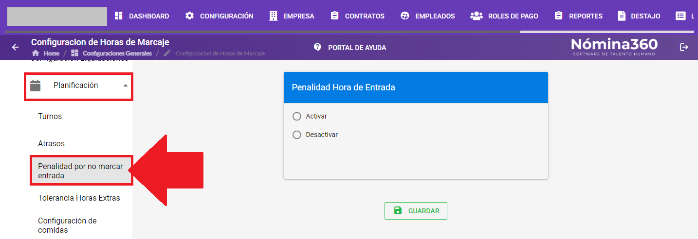 Submenú Planificación con la opción Penalidad por no marcar entrada