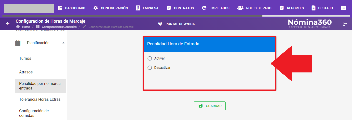Selección de activación de la penalidad