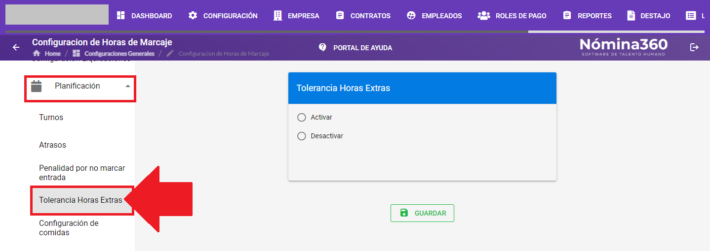 Submenú Planificación con la opción Tolerancia Horas Extras