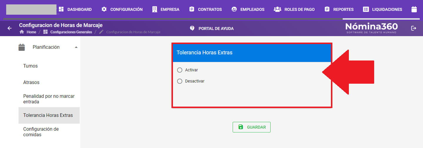 Selección de activación de la tolerancia