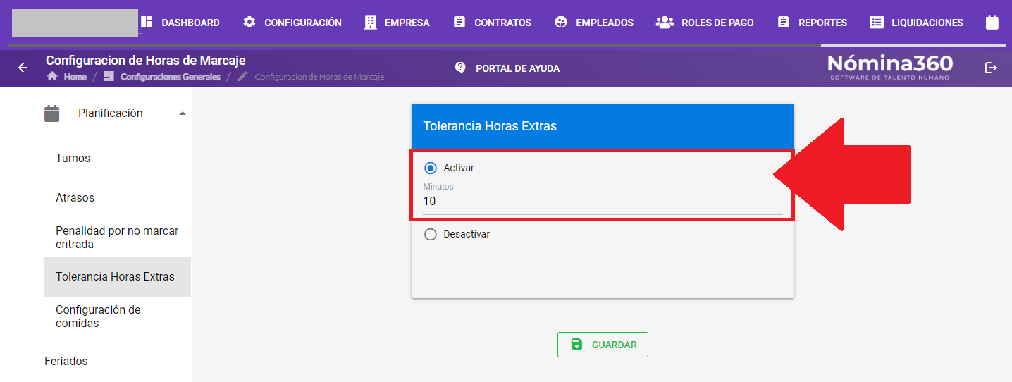 Campo de minutos de tolerancia para horas extras