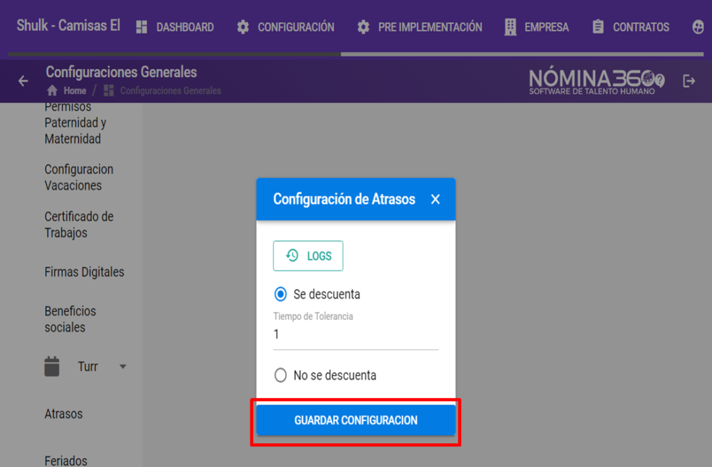 Botón Guardar Configuración al final del formulario