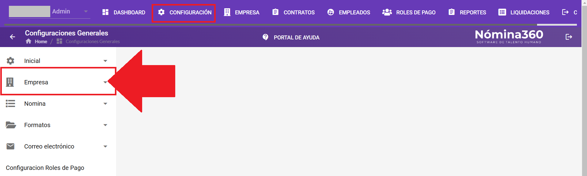 Menú Configuración con la opción Empresa seleccionada