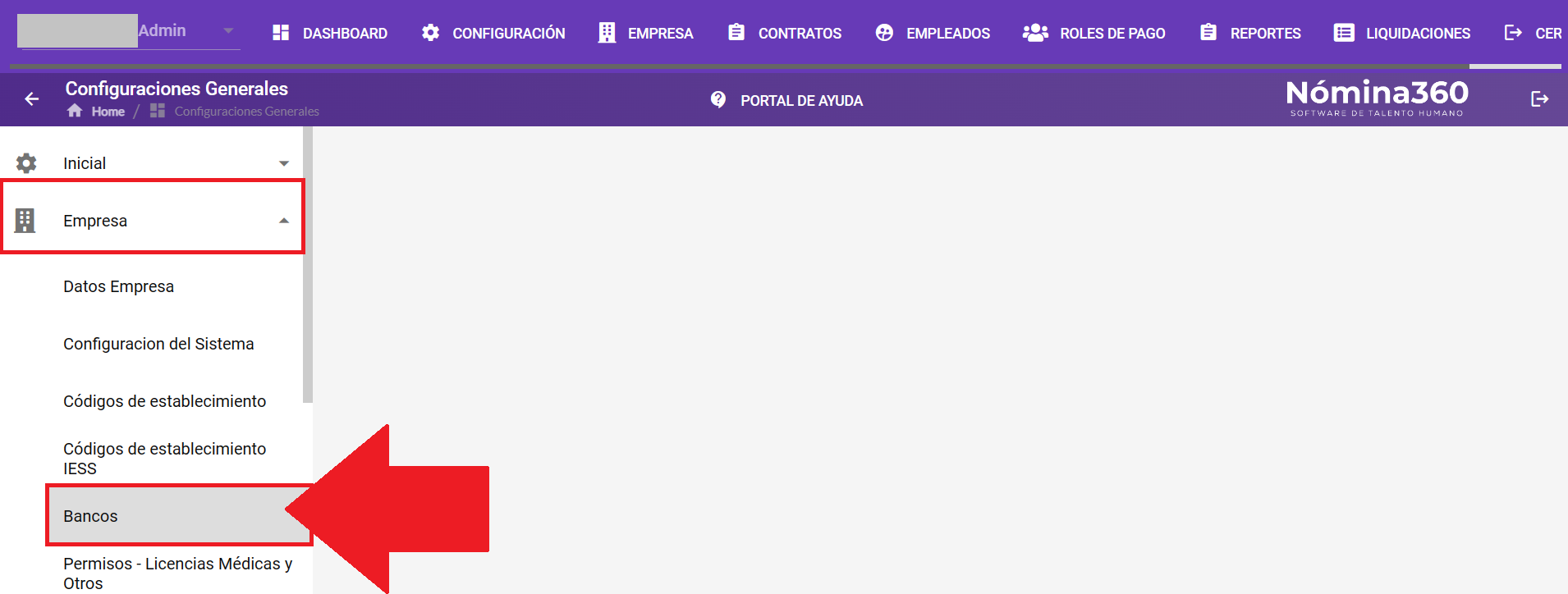 Opción Bancos dentro del submenú Empresa