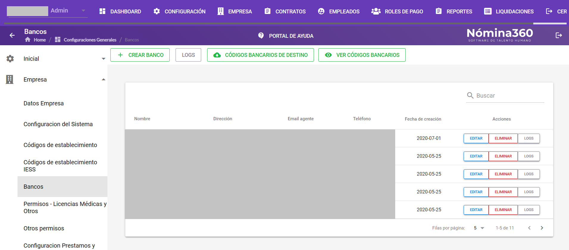 Listado de bancos registrados en Nómina360