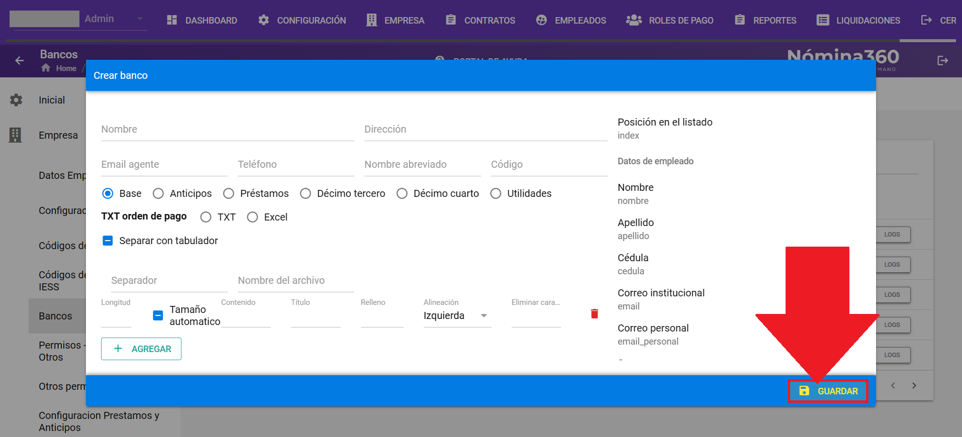 Formulario de creación de banco con los campos requeridos