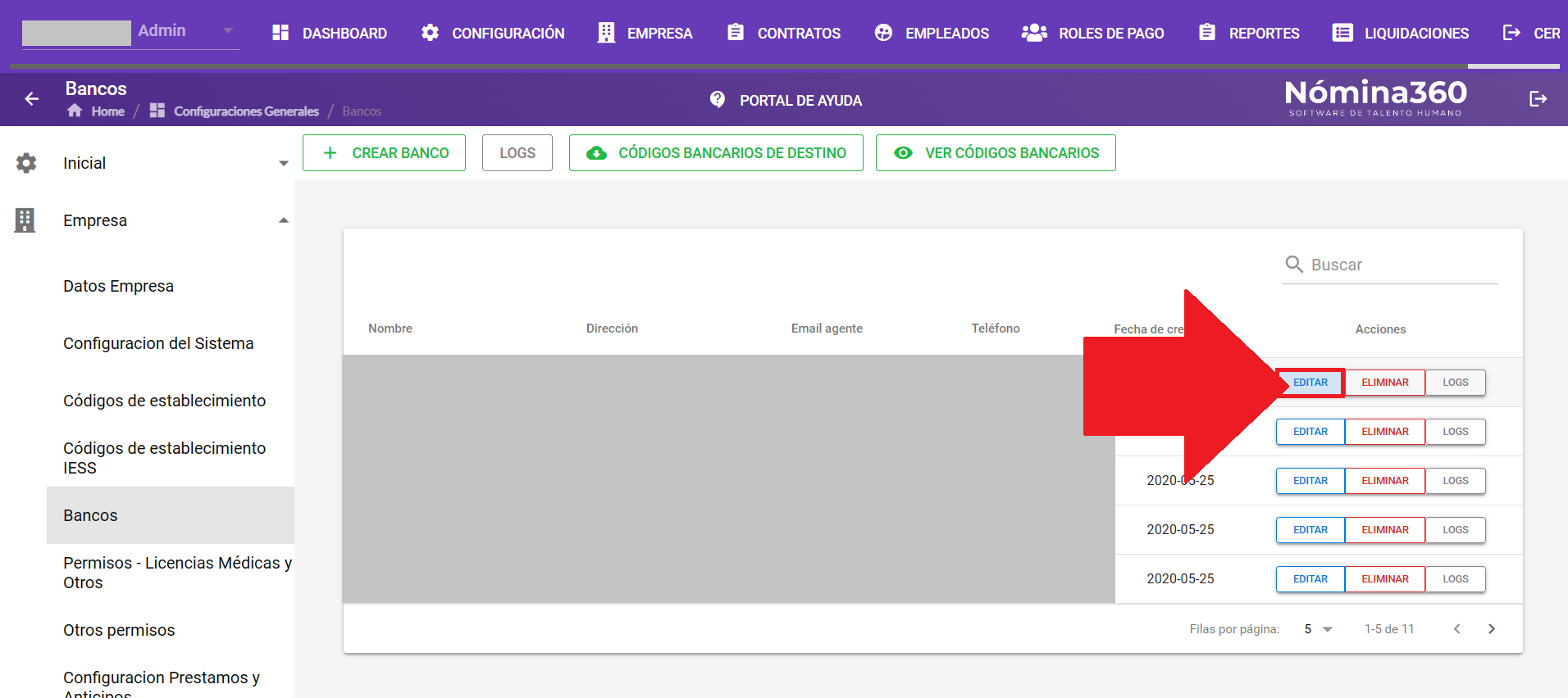 Acción Editar en un banco del listado