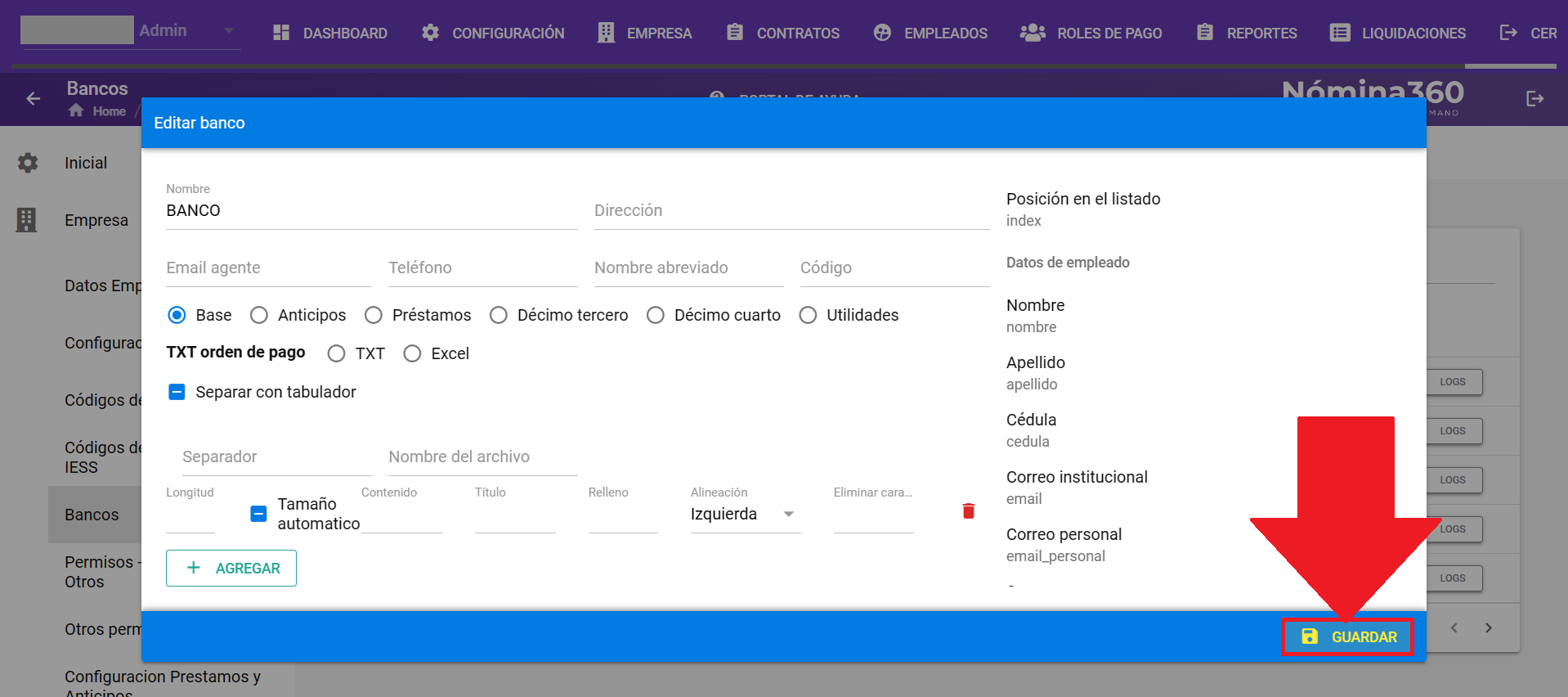 Formulario de edición de un banco con el botón Guardar