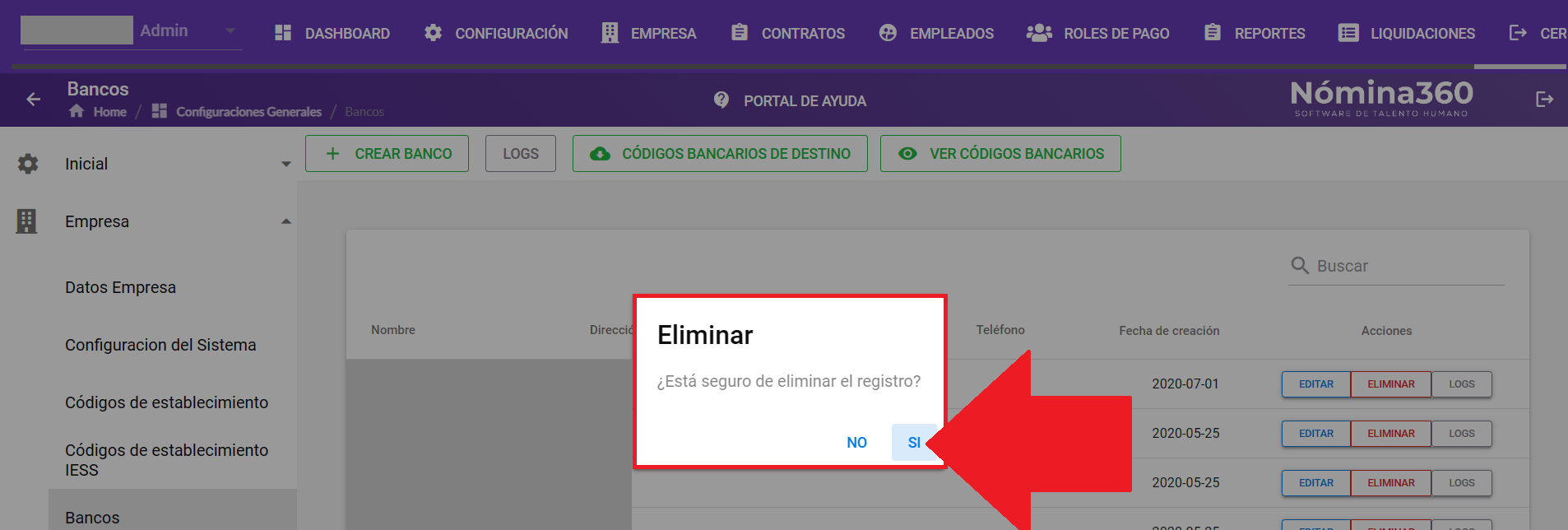 Cuadro de confirmación de eliminación de banco