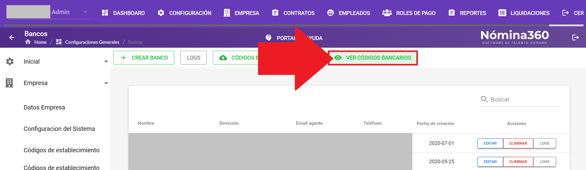 Botón Ver códigos bancarios en la pantalla de bancos
