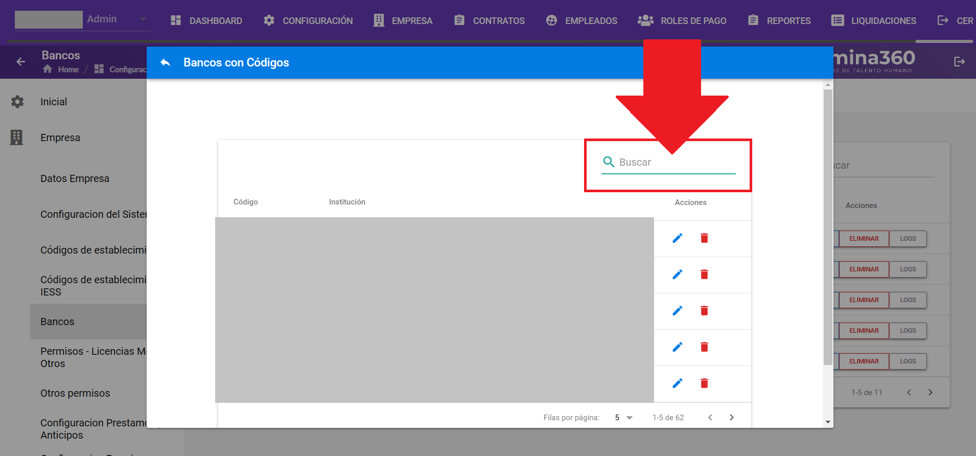 Listado de códigos bancarios con filtro de búsqueda