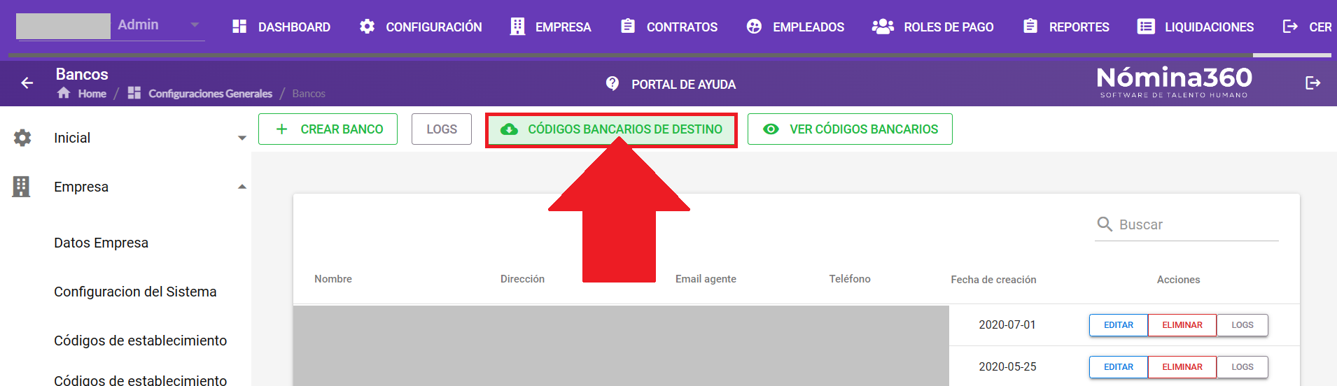 Botón Códigos bancarios de destino en la pantalla de bancos