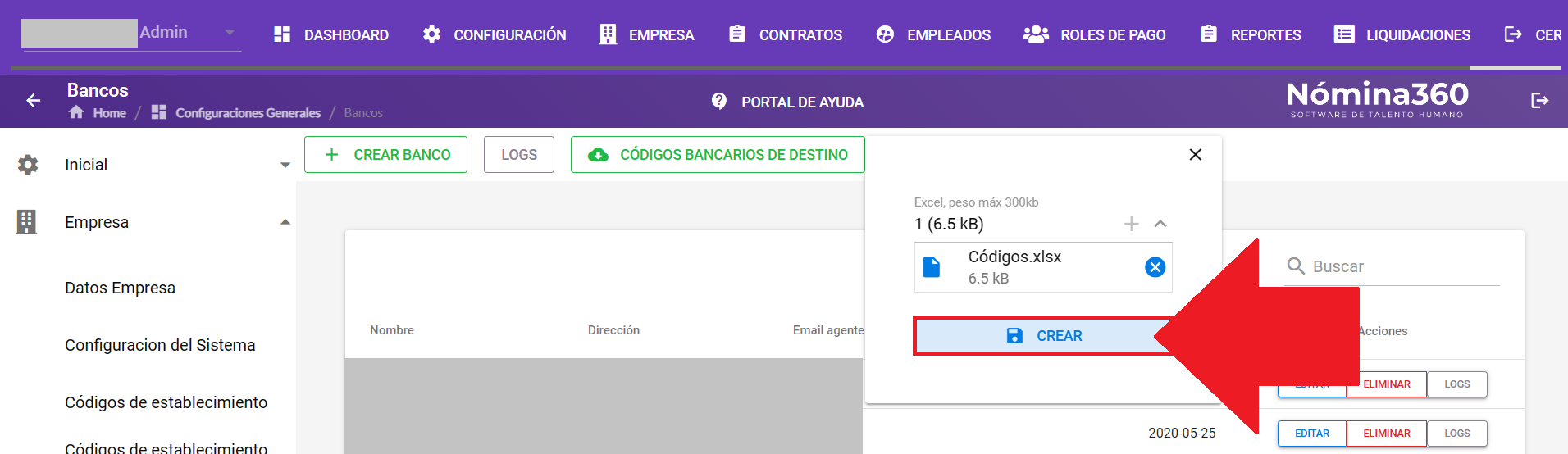 Botón Crear después de cargar el archivo de códigos bancarios