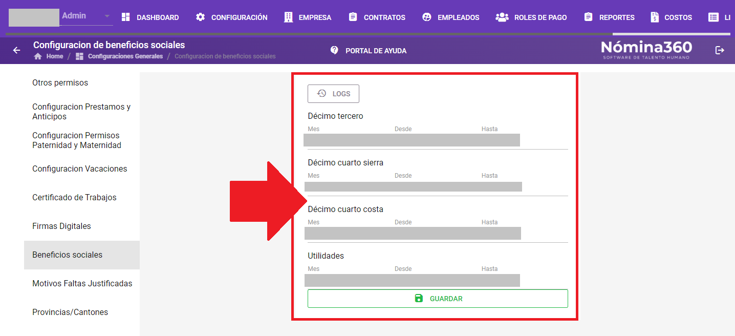 Pantalla de configuración con los períodos de beneficios sociales
