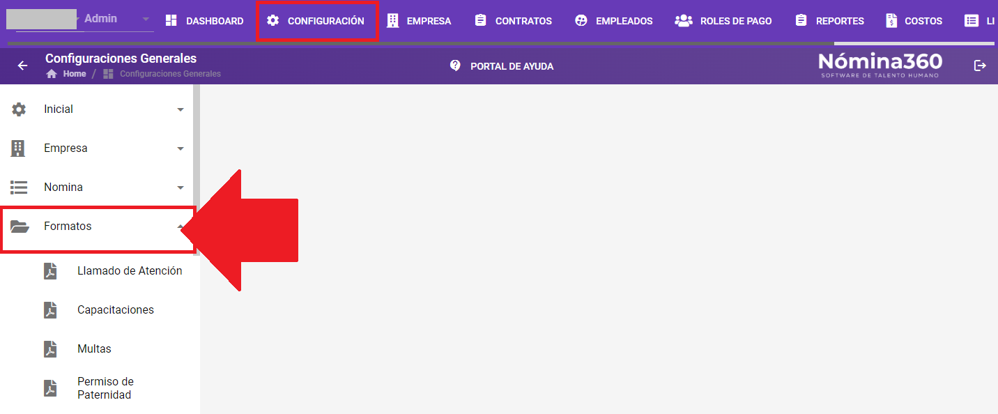 Menú Configuración con la opción Formatos seleccionada