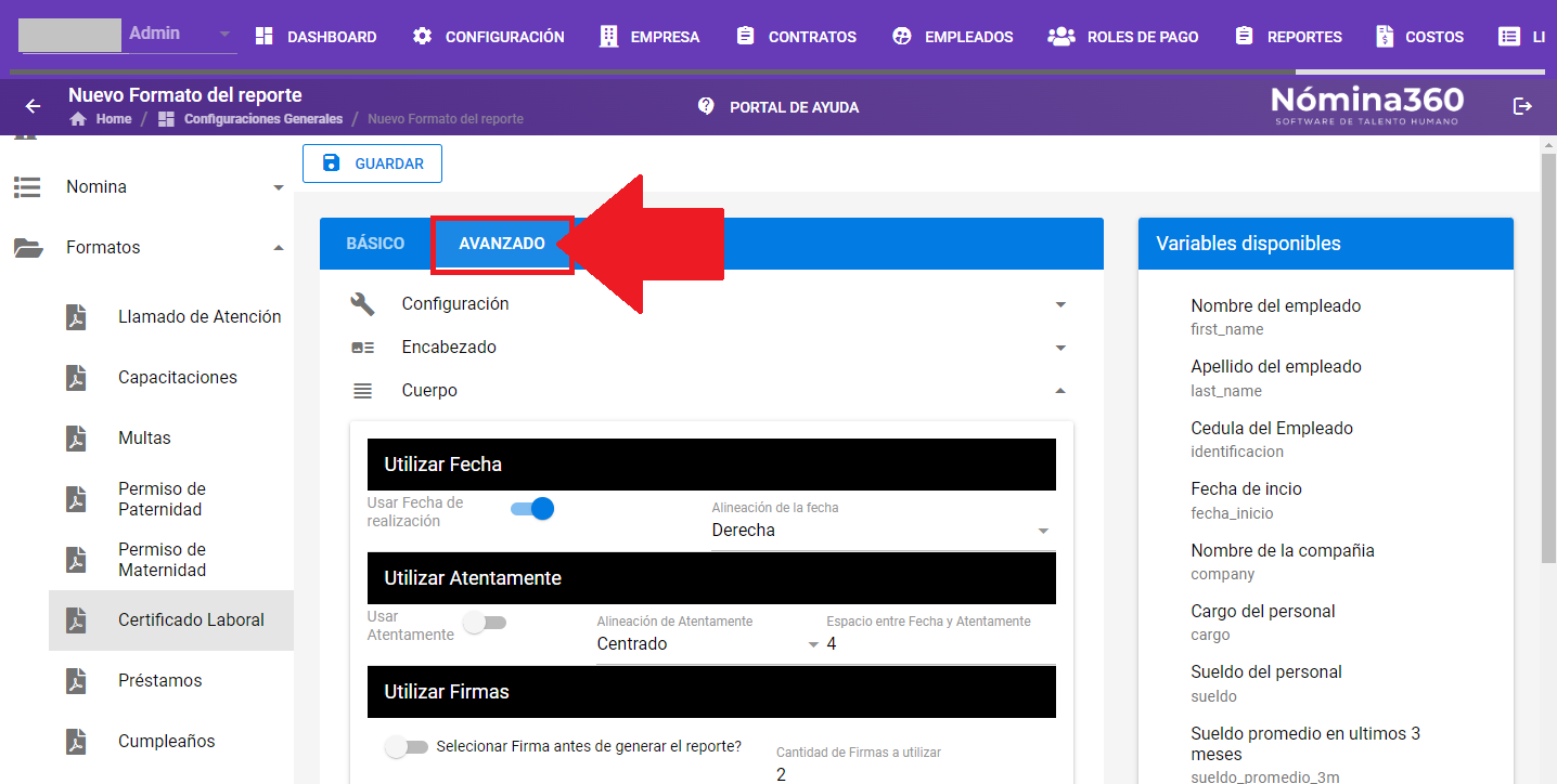 Pestaña Avanzado seleccionada en el editor de formatos