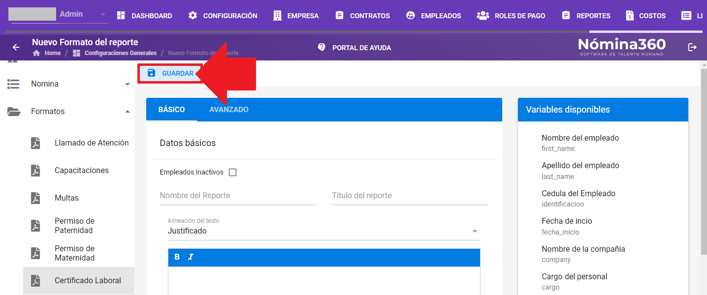 Botón Guardar al finalizar la configuración del formato