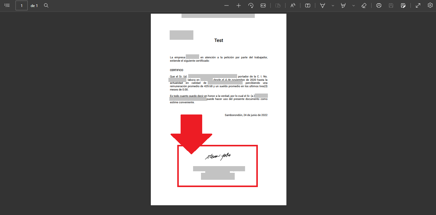 Certificado laboral con la firma digital visible