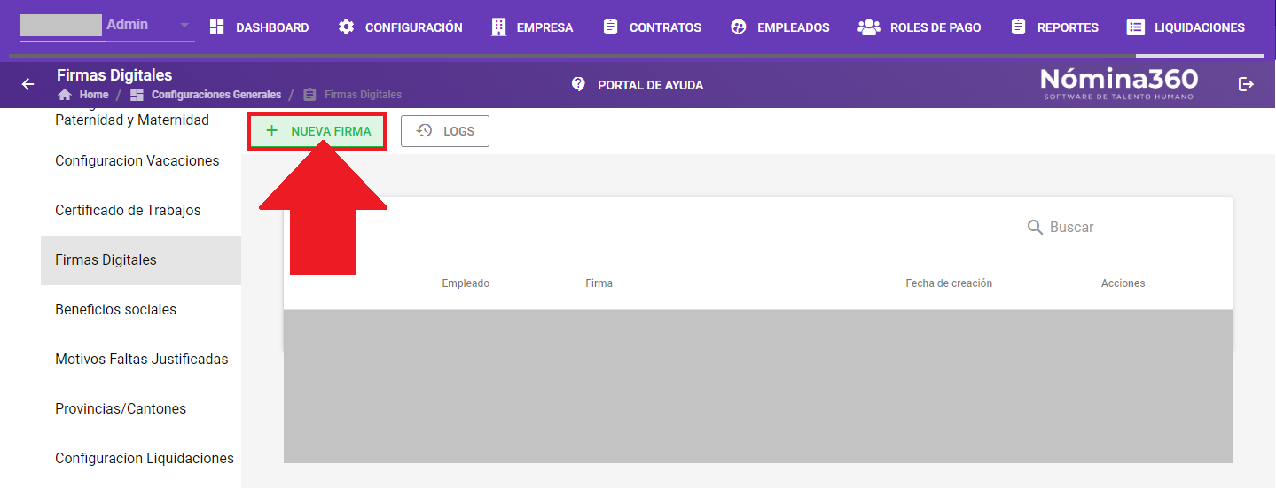 Botón + Nueva Firma en la pantalla de firmas digitales