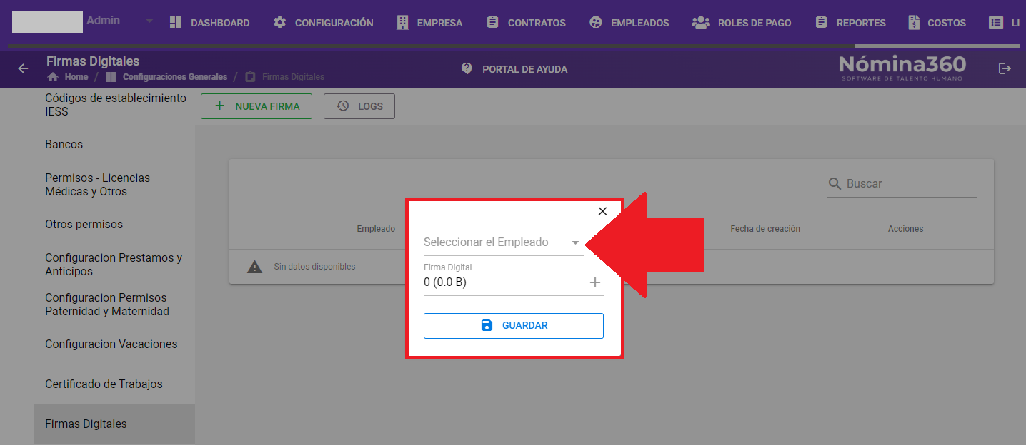 Selección del empleado para asignar la firma digital