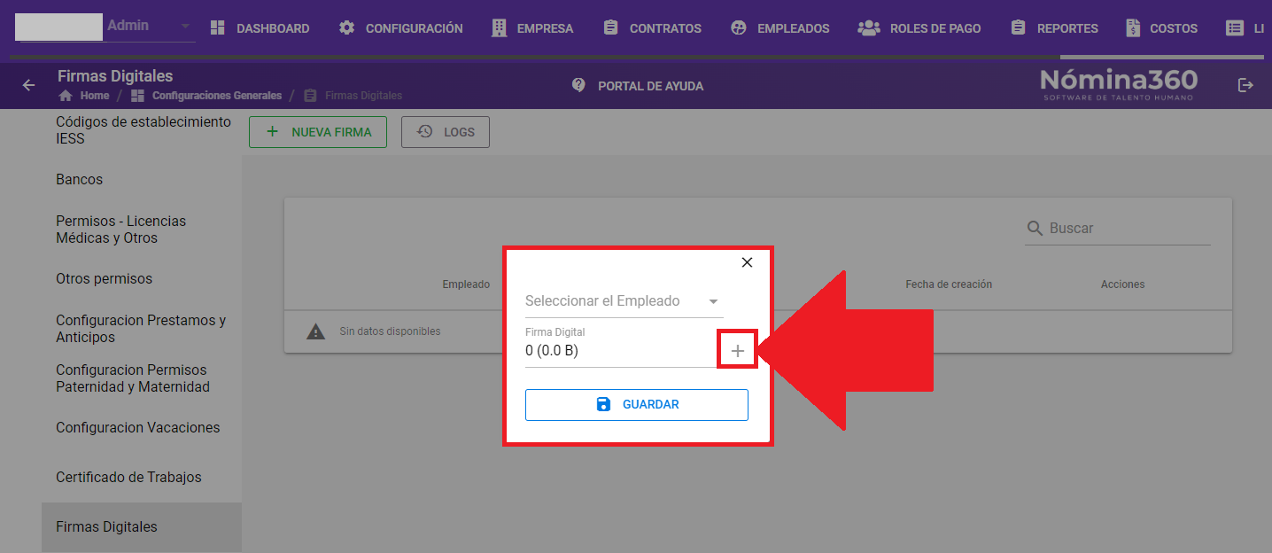 Botón + del campo Firma Digital para cargar el archivo