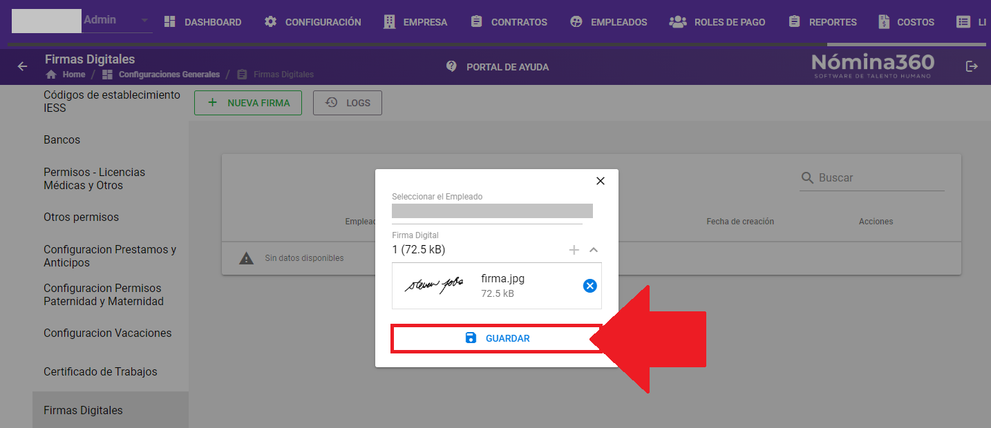 Botón Guardar al final del formulario de firma digital