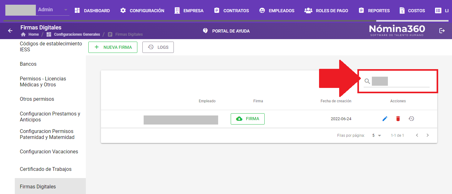 Listado de firmas digitales con un empleado seleccionado